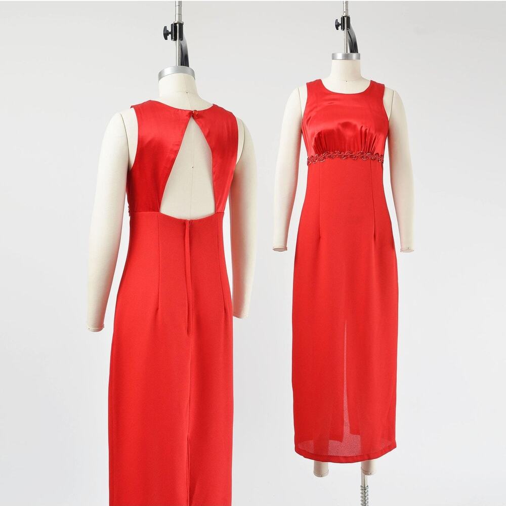 Vintage 90s Red Satin Empire Waist Open Back Cut Out Evening Formal Maxi Dress